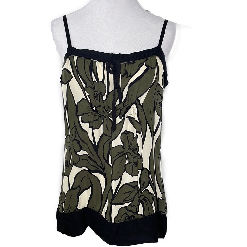 BCBGMAXAZRIA Silk Sleeveless Olive Green and Black Floral Blouse